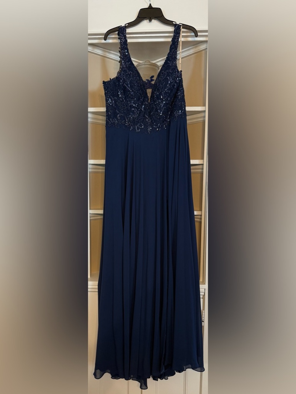 Faviana Glamour Navy Beaded Prom Gown Size 16 NWT Formal Evening Dress Slit